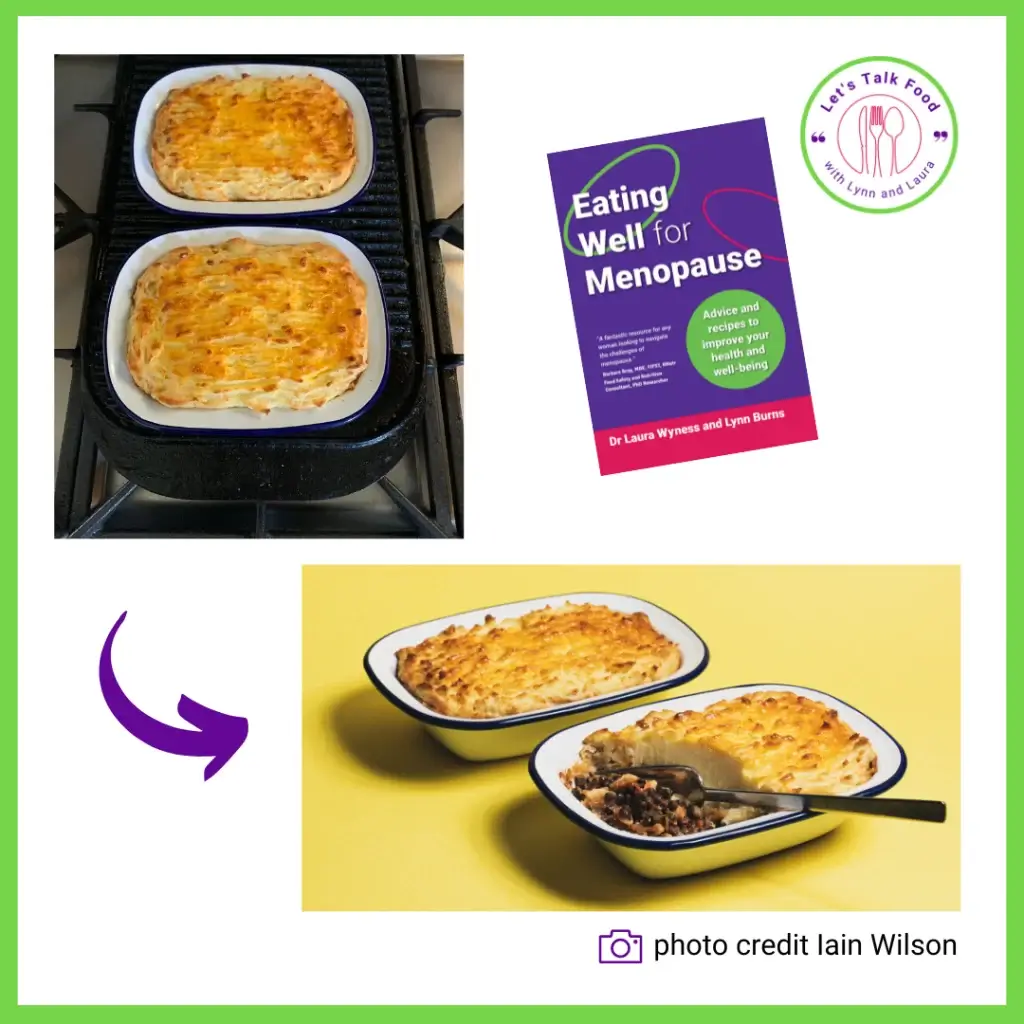 Image showing photo of two Lentil Shepherd's pies just out of the oven and another photo of the photographers photograph of the pies that is included in the book